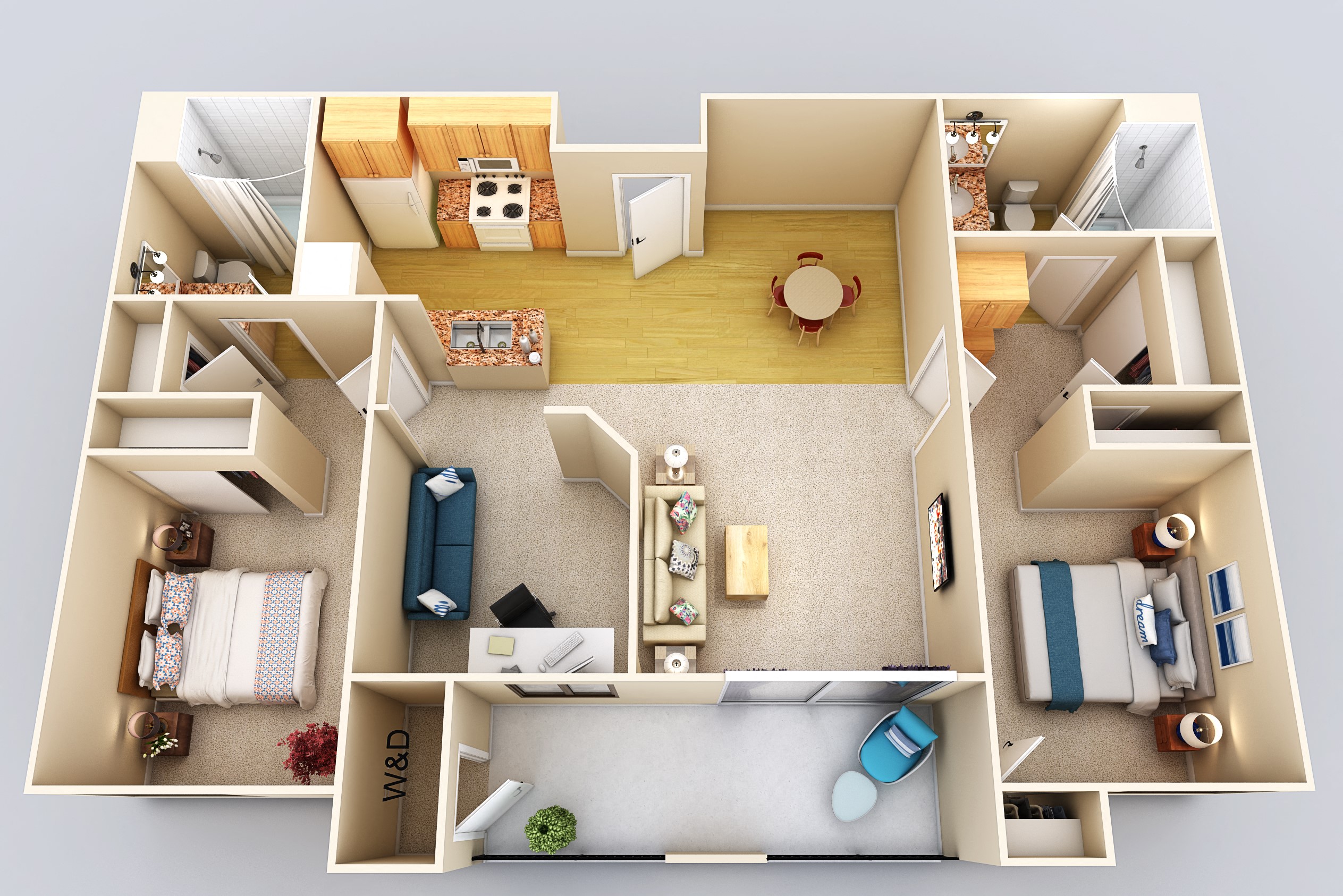 Floor plan for 2 beds, 2 baths, 1102 sqft